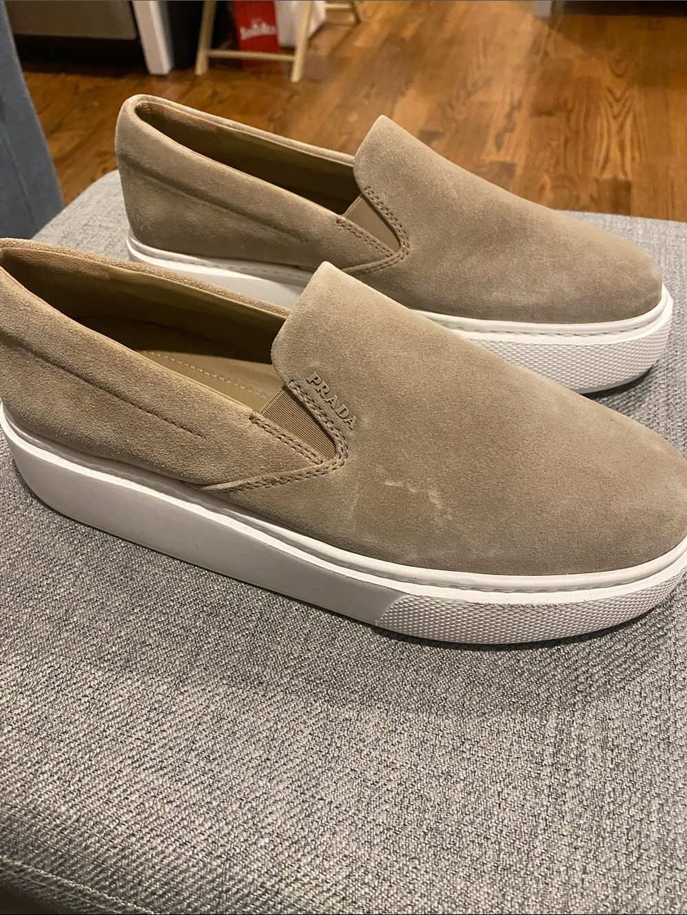 Prada Taupe Suede Slip-On Sneakers with White Platform Sz 39 1/2